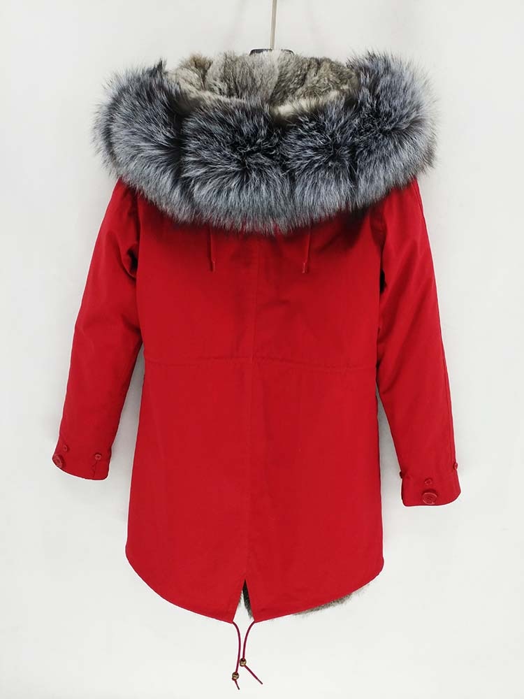 Real Rex Rabbit Fur Liner Silver Fox Fur Collar Hooded Coats (Plus Sizes)