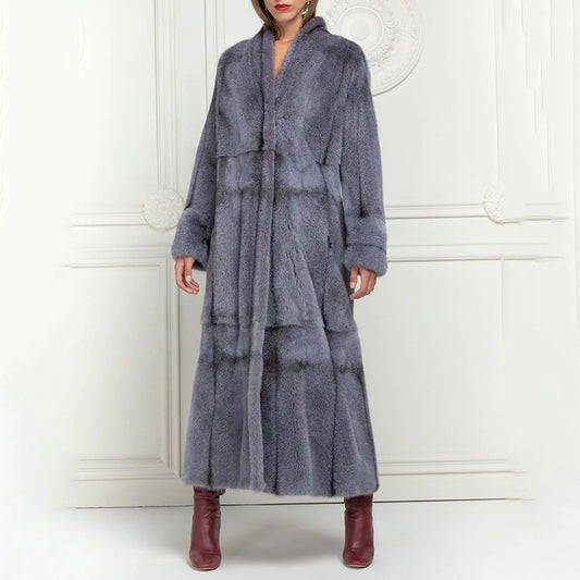 Luxury Gray Full Pelt Real Mink Fur X-Long Coat