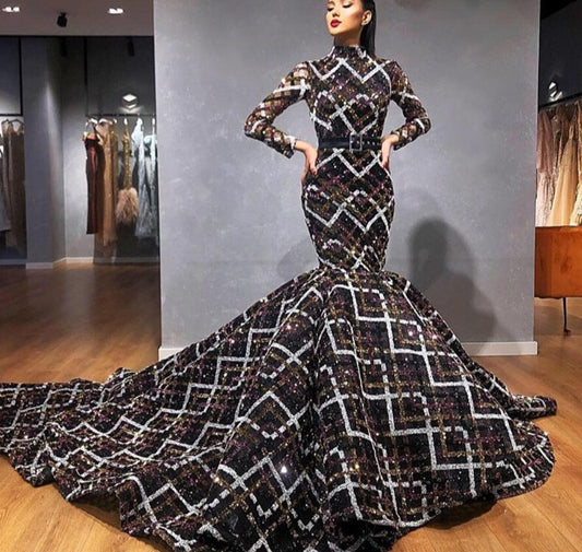 Mix Sequins Long Sleeve Mermaid Gowns