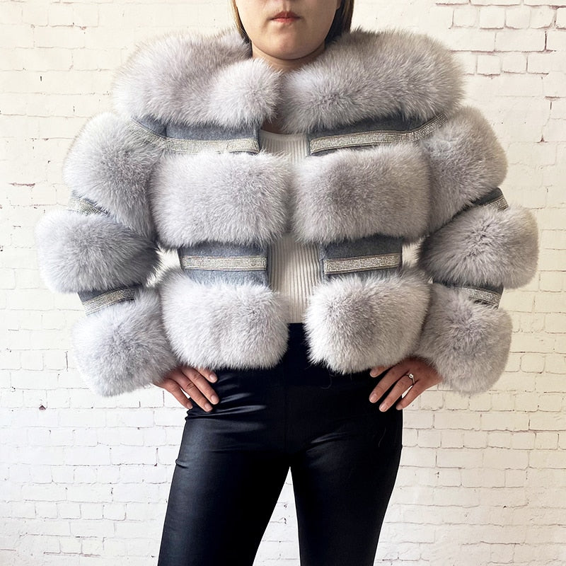 Real Fox Fur Crystal Diamond Jackets