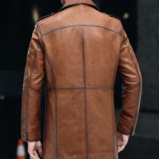 Genuine Leather Long Jackets Turn-Down Collar