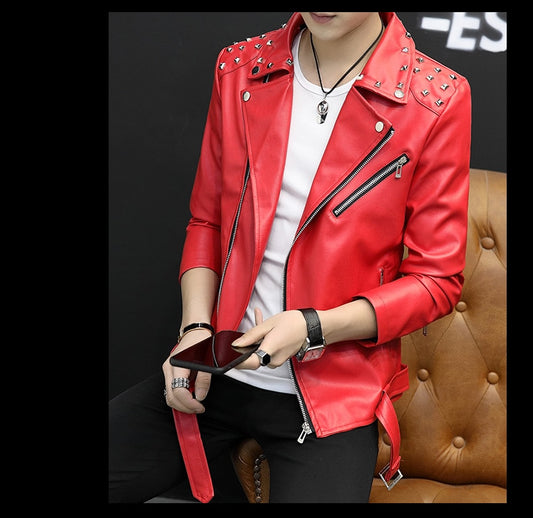 Modern Slim PU Moto Leather Jackets (White/Red/Black)