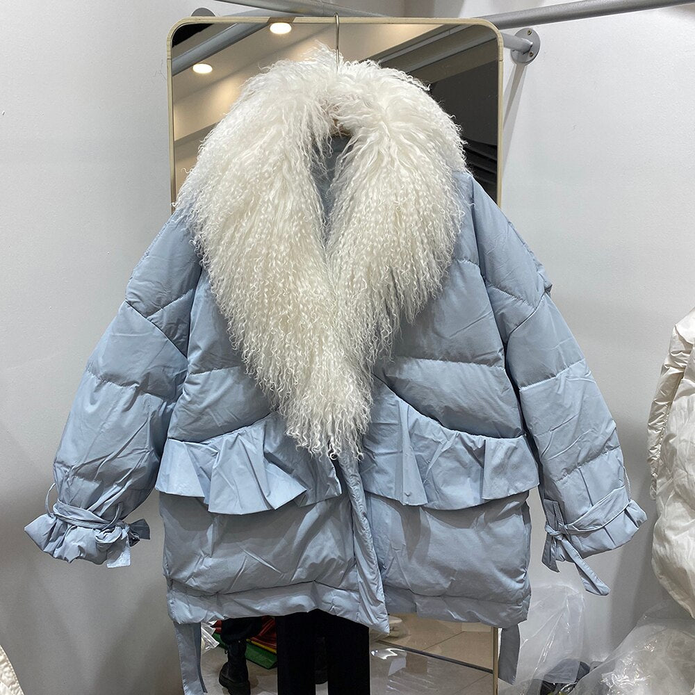 White Duck Down Puffer Coats Real Long Curl Shearling Fur Collar