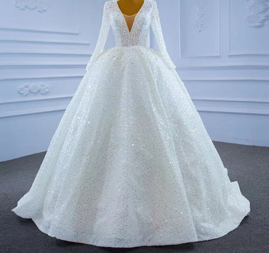 Luxury Pearls Sequin Lace Up Wedding Dresses