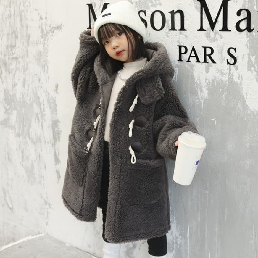 Korean Kids Girls Winter Fur Hooded Warm Long Woolen Coat Jacket Trench  Parka #