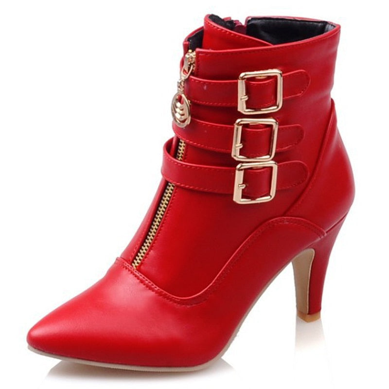 3 Buckle Pointed Toe High Heel Ankle Boots