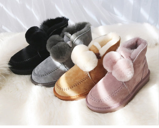 Genuine Leather Real Shearling Fur Ball Boots