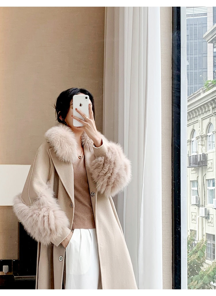 Plush Cashmere Long Coats Real Knitted Fur Collar & Long Cuffs