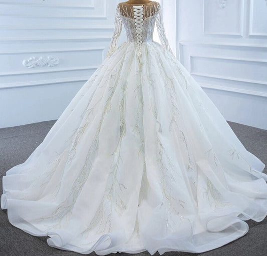 White Sparkle O-Neck Long Sleeves Wedding Dress