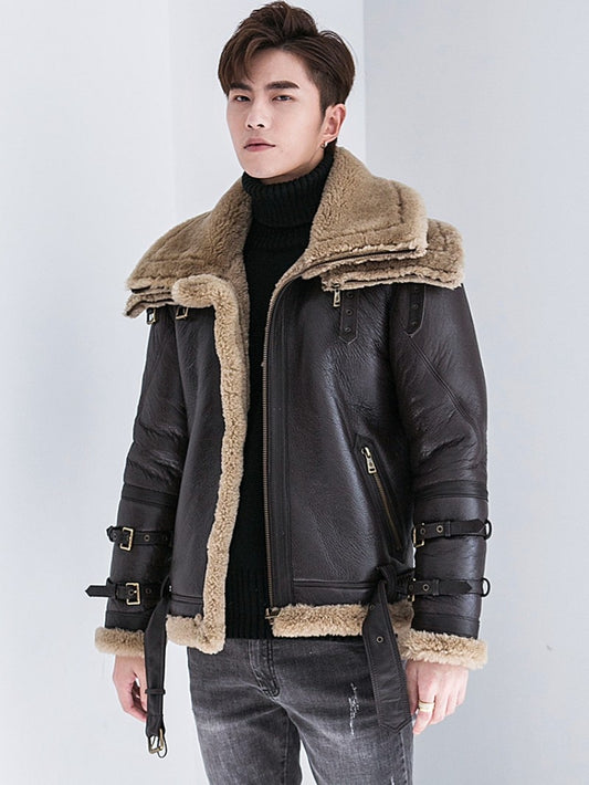Genuine Leather Real Shearling Double Collar Coats