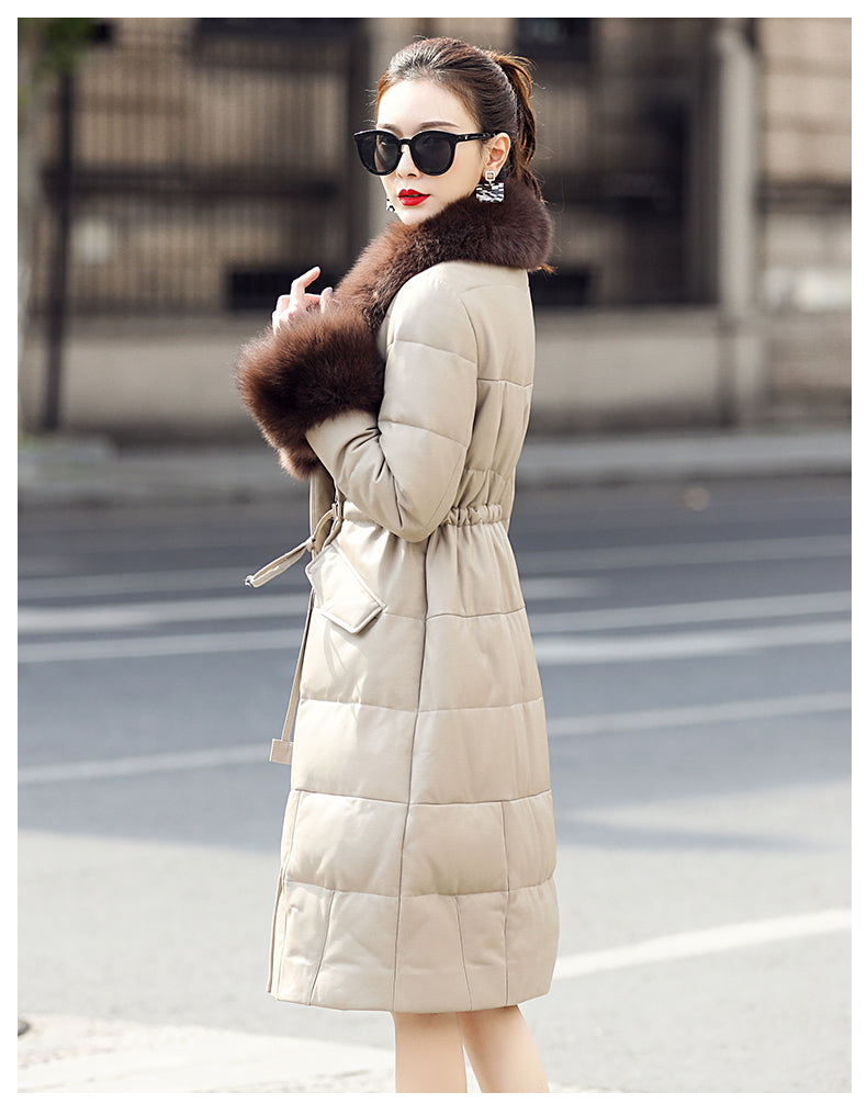 Genuine Leather Long Coat Duck Down Fur Collar