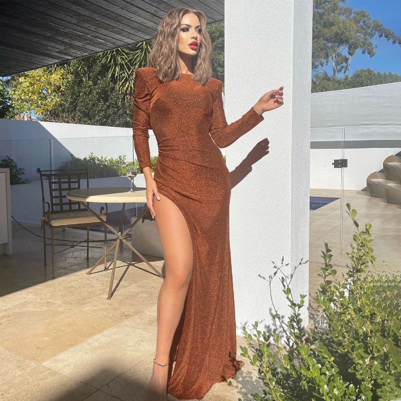 Sparkle Long Sleeve Backless Slit Maxi Dress