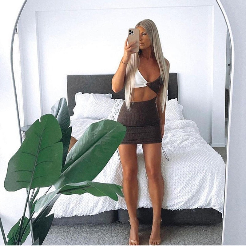 Two Tone Hollow Belly  Bodycon Mini Dresses