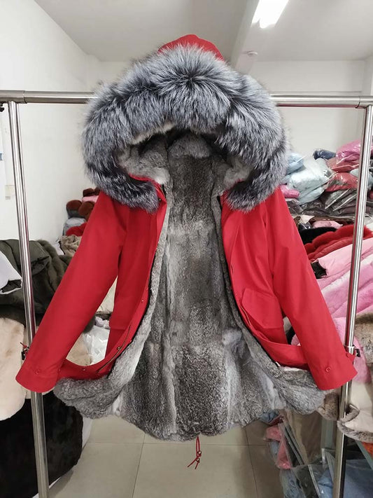 Real Rex Rabbit Fur Liner Silver Fox Fur Collar Hooded Coats (Plus Sizes)