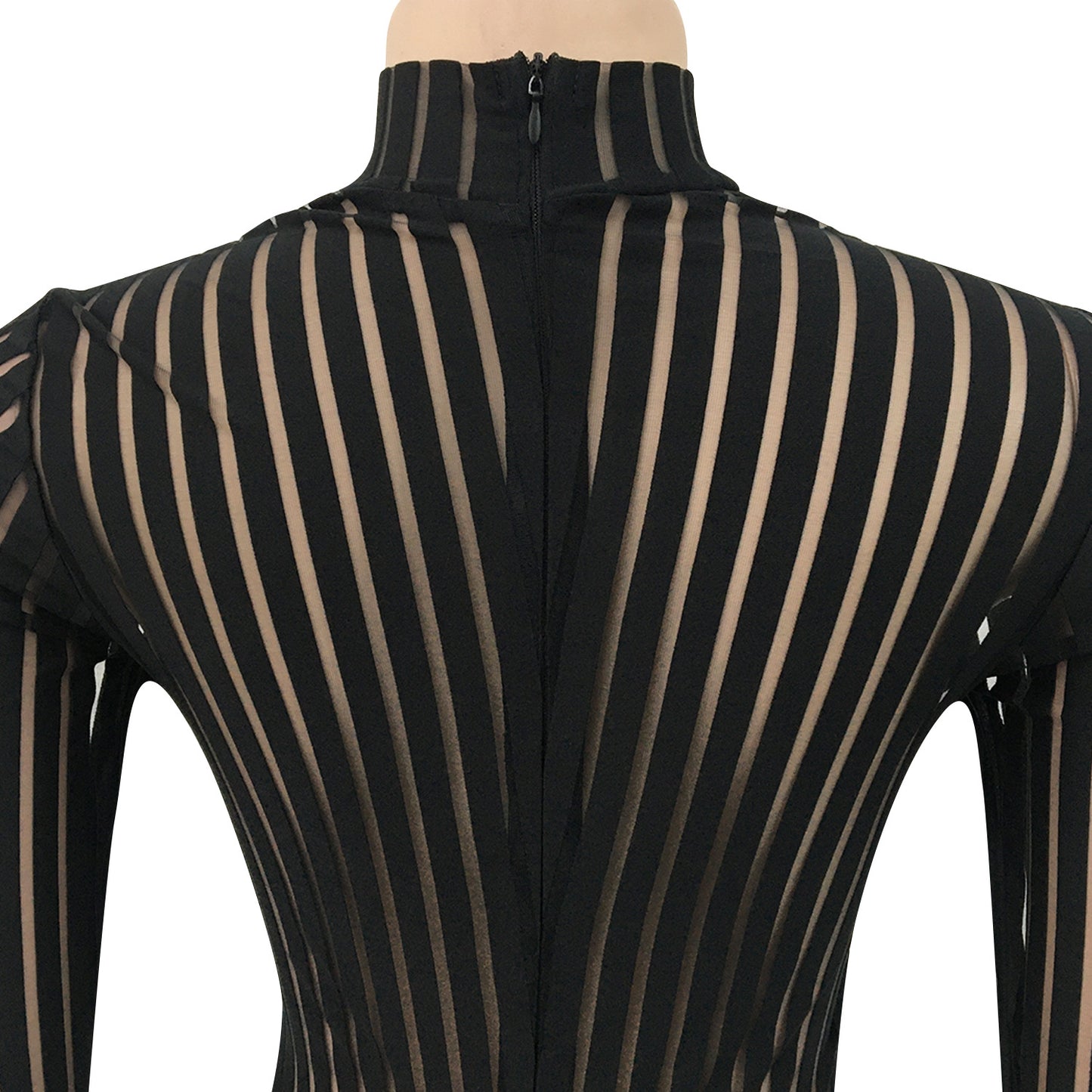 Black Stripe Mesh Long Sleeve Jumpsuit