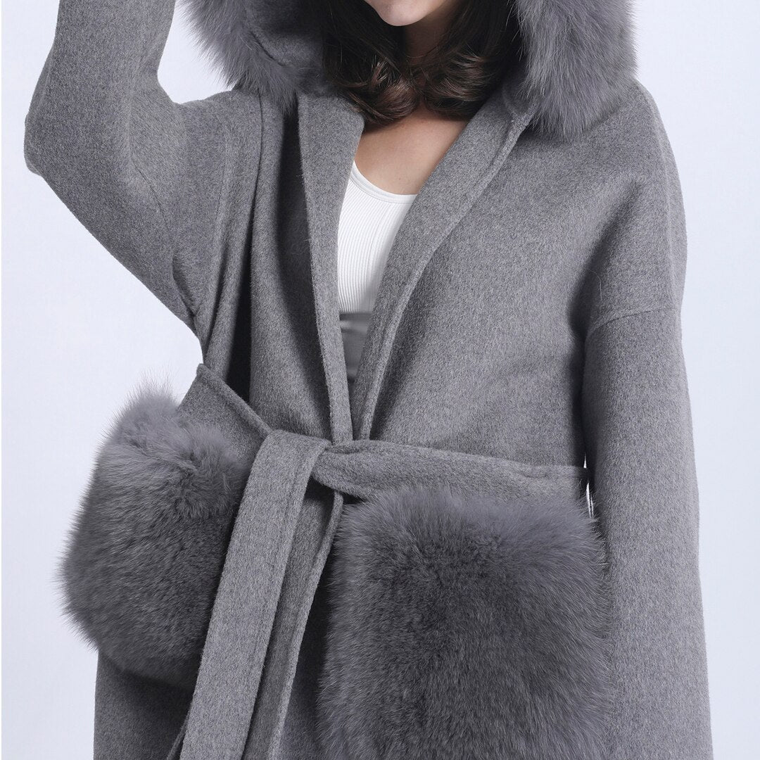 Cashmere Pea Coats Fur Trim Hood With Big Fur Pockets