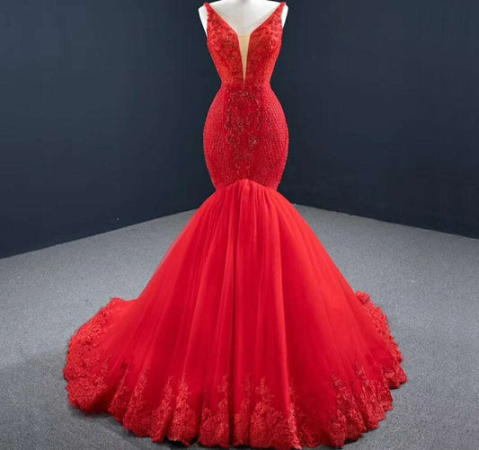 Crystal Sequin Sleeveless Lace Mermaid Gown Dress