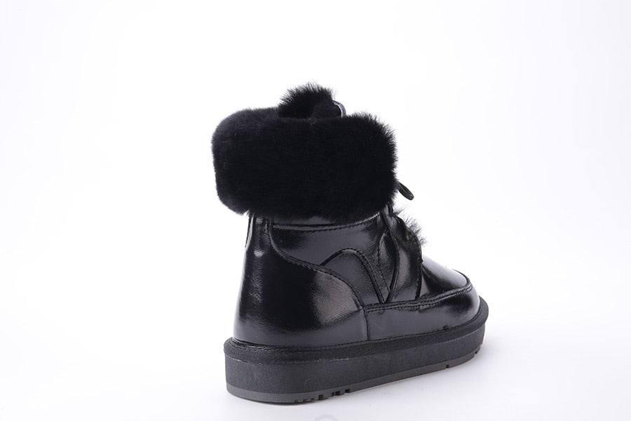 Genuine Leather Natural Wool Fur Lined Waterproof Ankle Boots
