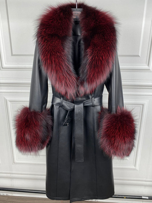 Genuine Leather Trench Coats Fur Collar & Cuffs