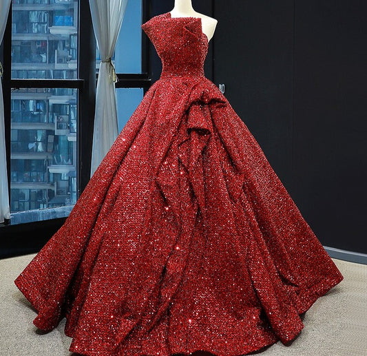 Wine Red Off Shoulder Strapless Sparkle Wedding Dress