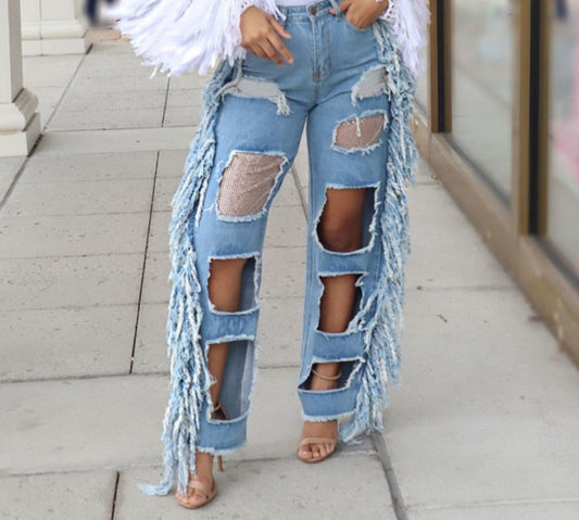 Ripped Hole High Waist Tassel Wide Leg Denim Pants