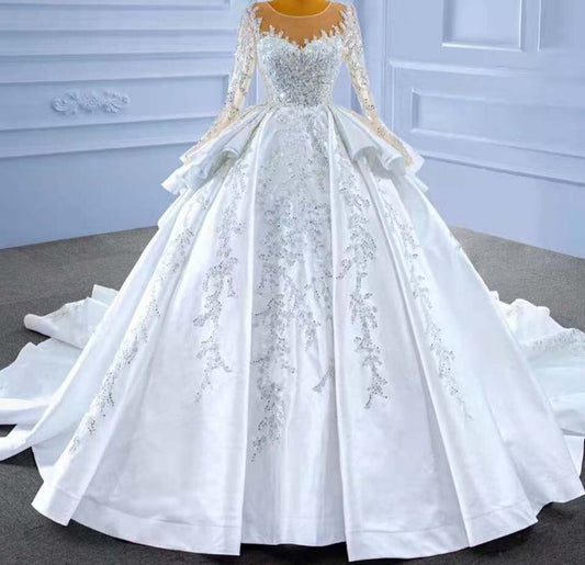 Luxury White Satin Sequin Lace Up Ruffles Wedding Dress