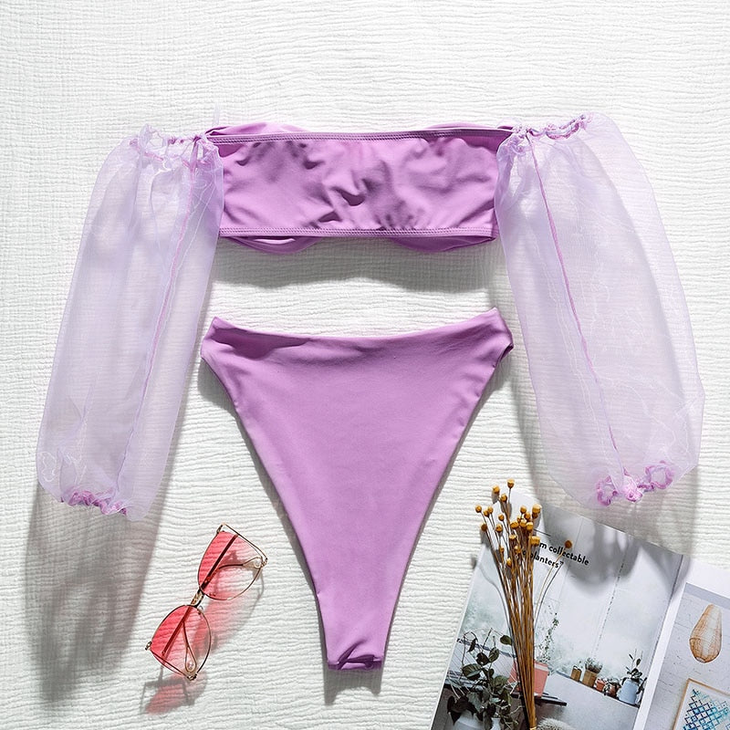 Mesh Long Puff Sleeve High Waist Bikini Sets