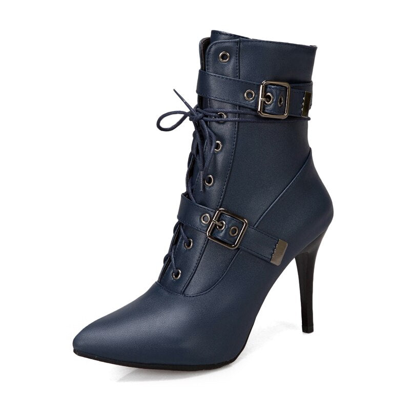 High Heels Lace Up Pointed Toe Ankle Boots