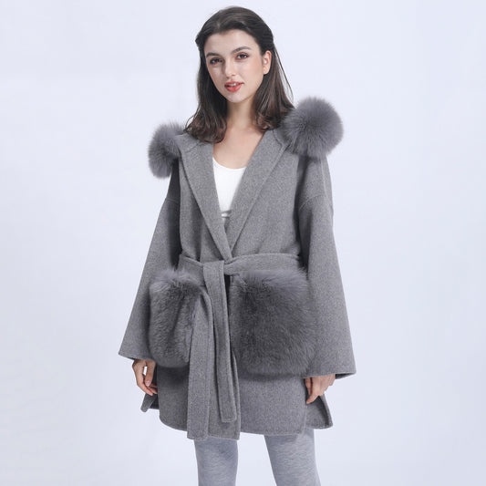 Cashmere Pea Coats Fur Trim Hood With Big Fur Pockets