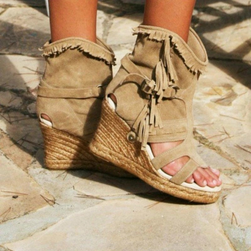 Vintage Pu Tassel Peep Toe High Wedge Sandals