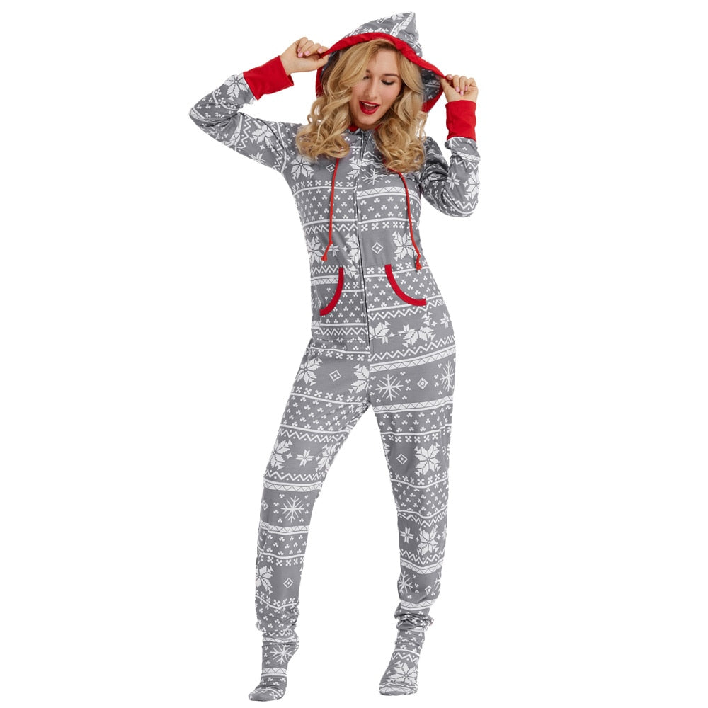 Snowflake Print Christmas Hooded Onesies Pajamas (Unisex)