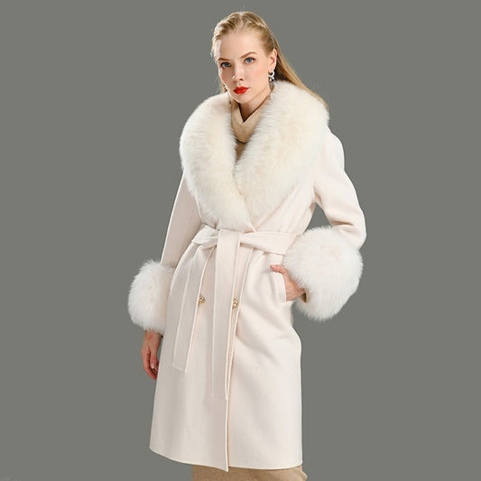 Long Cashmere Pea Coats Big Real Fur Collar & Cuffs