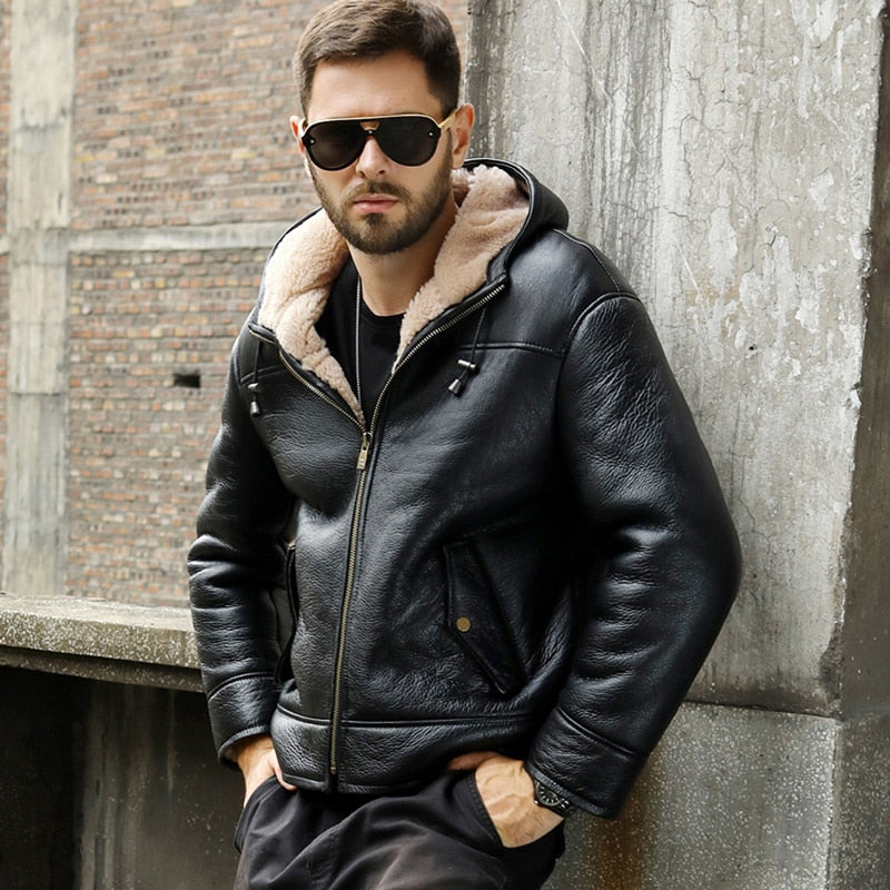 Black Genuine Leather Real Shearling Fur Short Coat Hooded