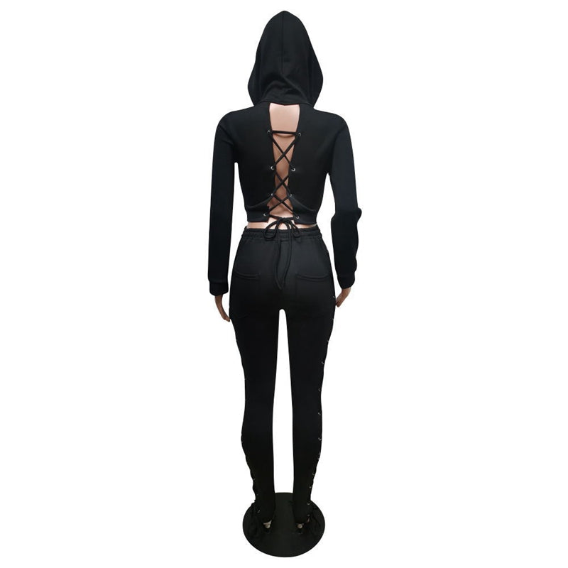 Open Back Bandage Hoodie Crop & Pants