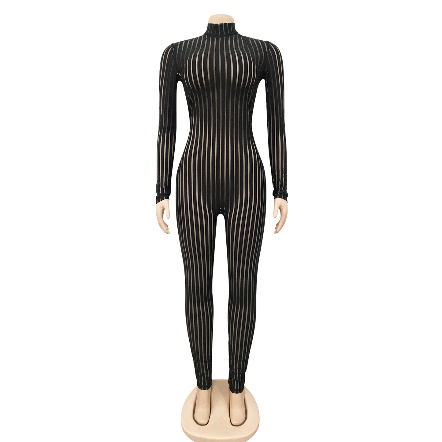 Black Stripe Mesh Long Sleeve Jumpsuit