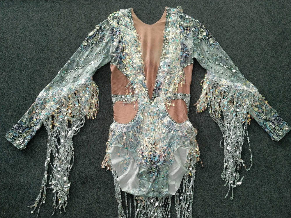 Silver Rhinestone Sequin Tassel Bodysuit