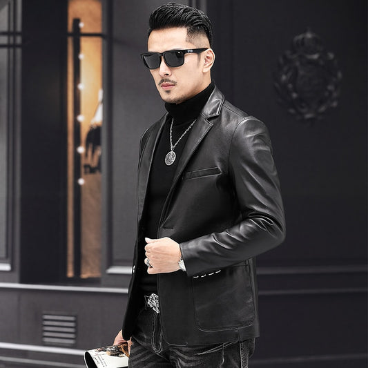 Black Genuine Leather Slim Blazer