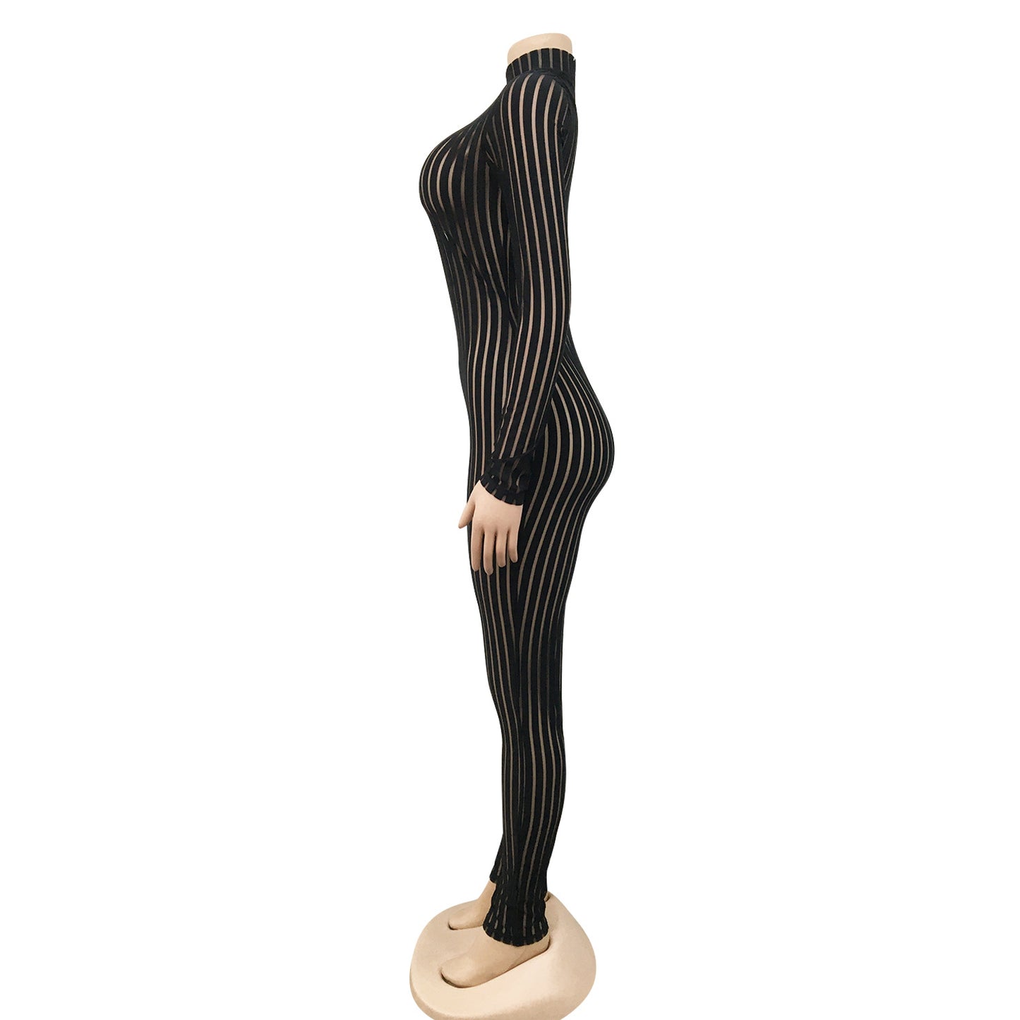 Black Stripe Mesh Long Sleeve Jumpsuit