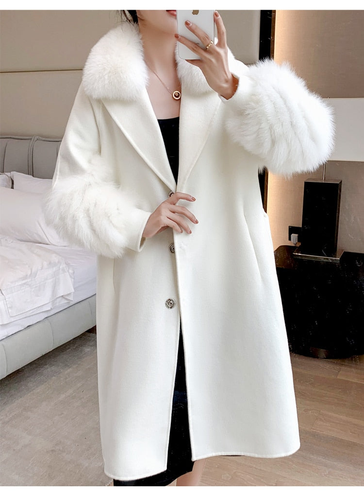 Plush Cashmere Long Coats Real Knitted Fur Collar & Long Cuffs