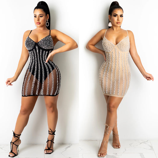 See Through Bead Stripe Mini Dresses