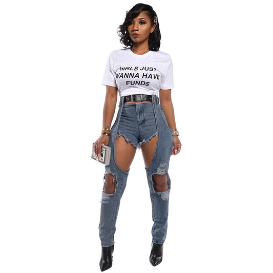 High Waist Hollow Out Spliced Ripped Jeans