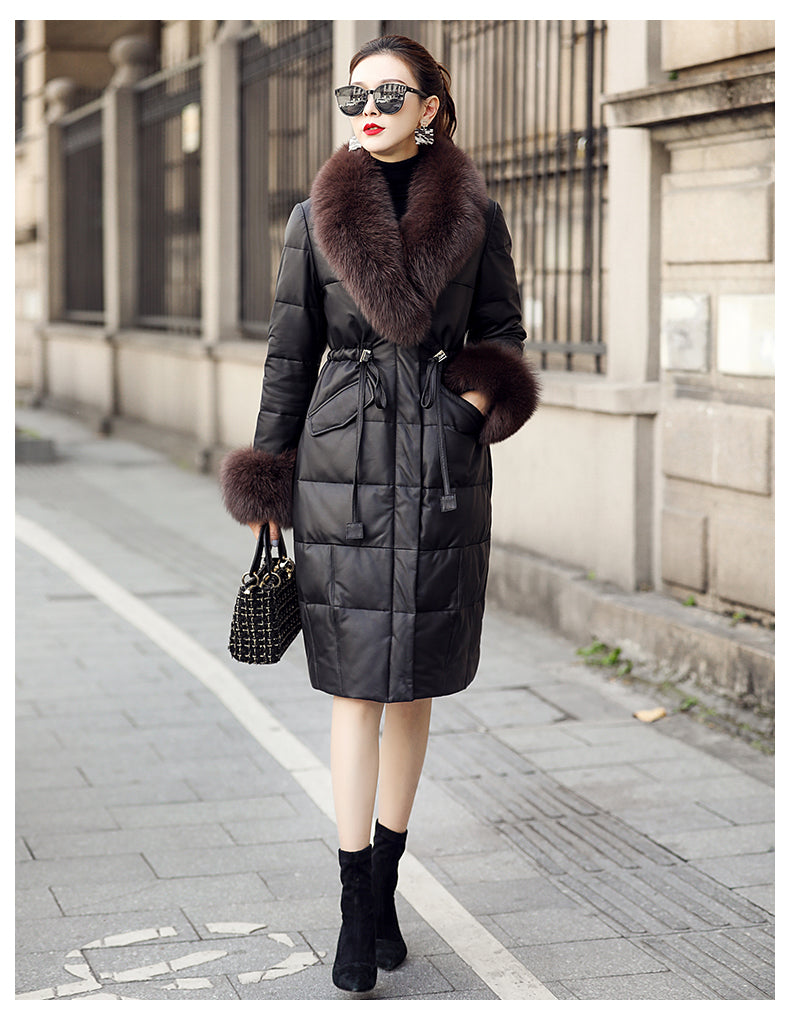 Genuine Leather Long Coat Duck Down Fur Collar