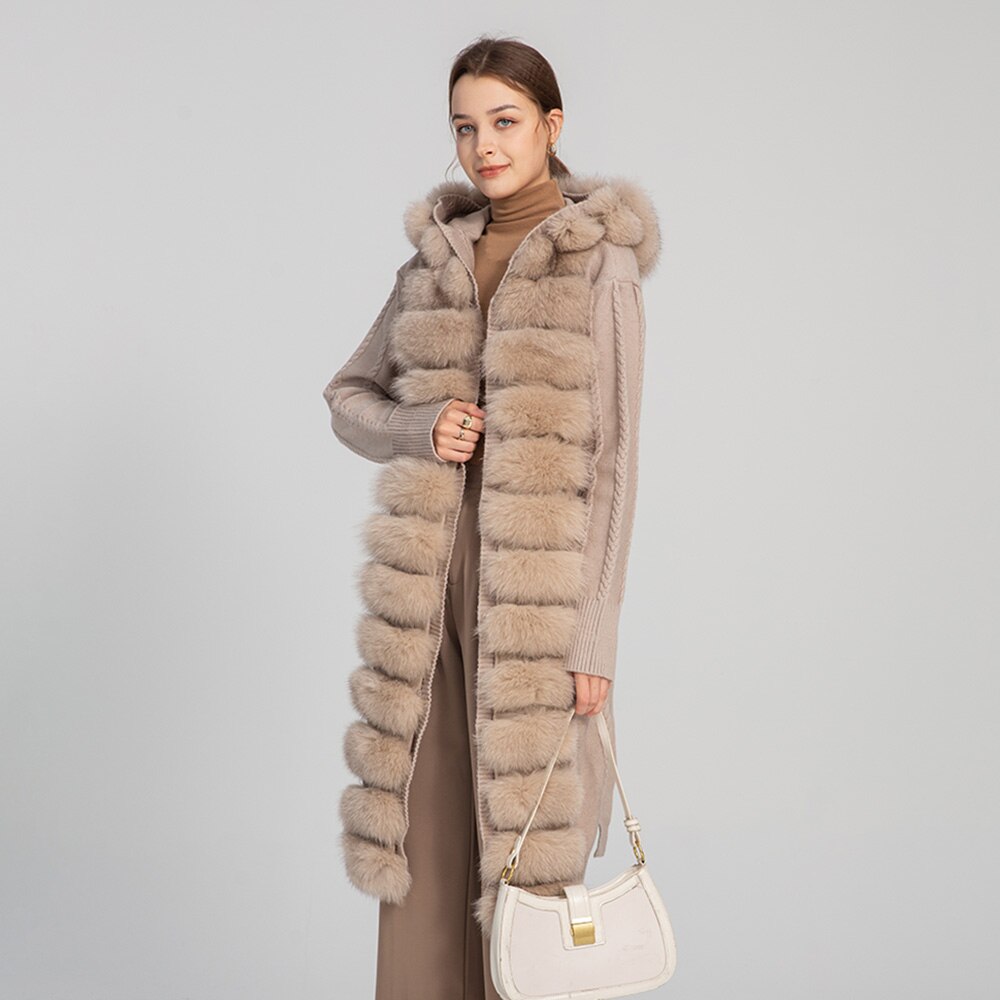 Long Slim Cardigan Sweater Hooded Real Fox Fur Detachable