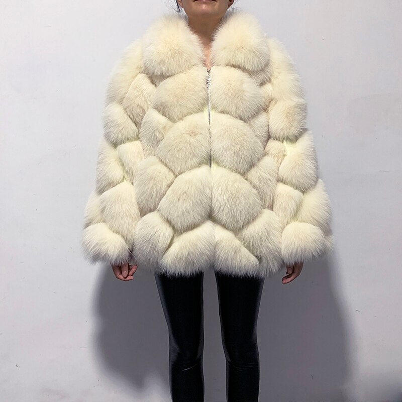 Pattern Turn Down Collar Real Fox Fur Coats