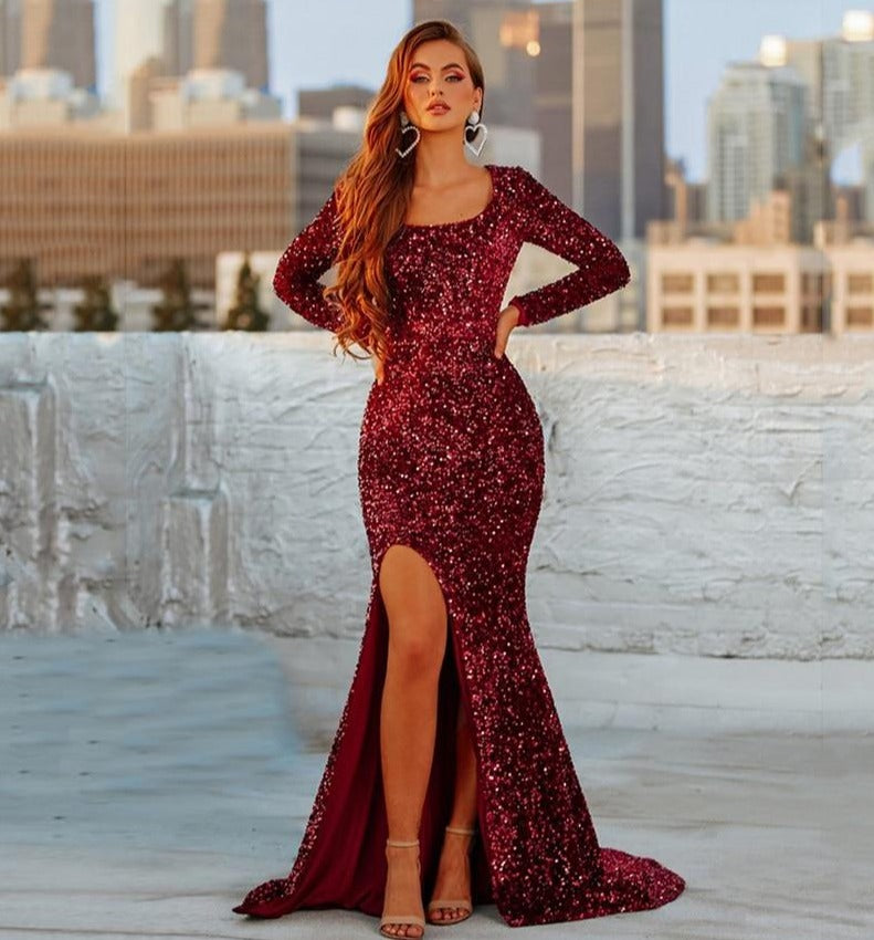 Burgundy Long Sleeve Sequin Floor-Length Dress
