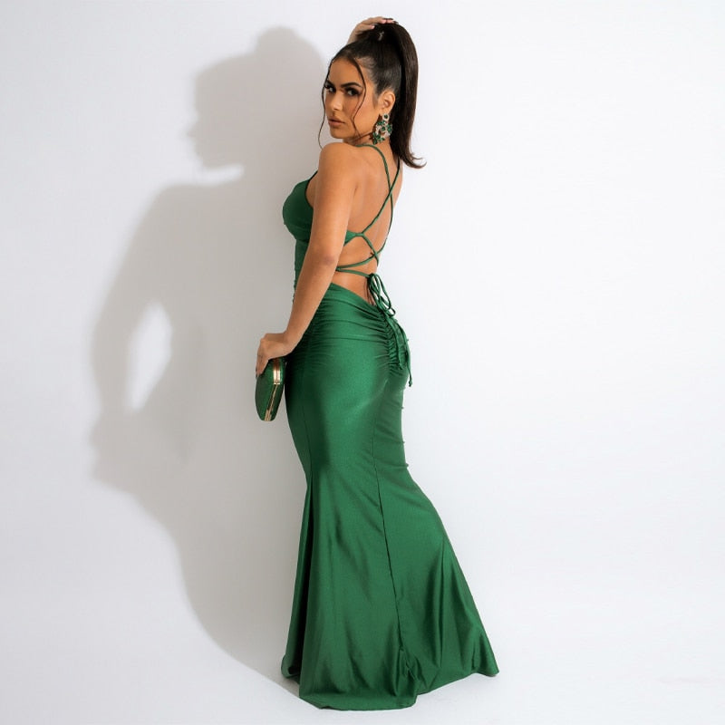 Green Satin Backless Maxi Dress