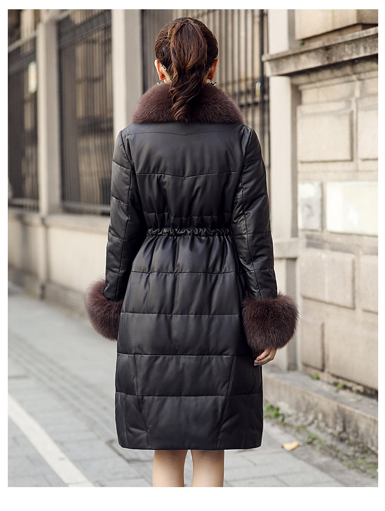 Genuine Leather Long Coat Duck Down Fur Collar