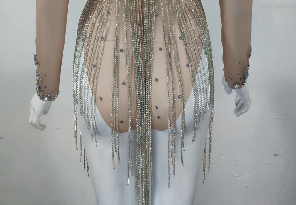 Rhinestones Mesh Crystal Chain Tassel Bodysuit