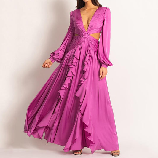 Hollow Pleated Ruffled Long Sleeve Maxi Dresses