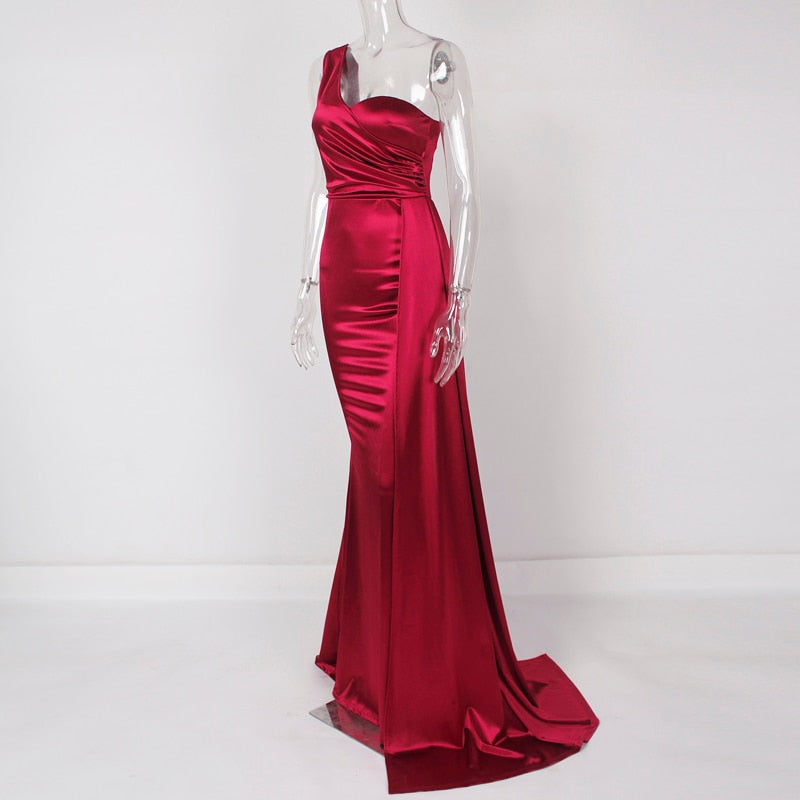 One Shoulder Satin Draped Maxi Dresses